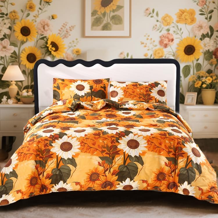 ماج طقم لحاف كامل مكون من 3 قطع عباد الشمس من MAG، أطقم سرير كاملة الحجم من الألياف الدقيقة، نمط زهرة برتقالي بوهو، يشمل كل المواسم 1 لحاف + 2 كيس وسادة للأطفال الأولاد والبنات، مسامي ومتجعد. - Image 1